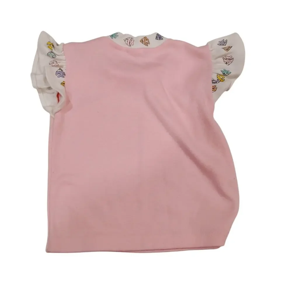 Vintage Girls Toddler 2 Month Liberty Additions Pink White Fish Ruffle Shirt